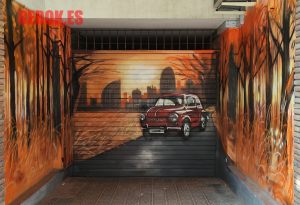 graffiti mural decorativo puerta parking seat 600 rojo paisaje rojizo naranja bosque